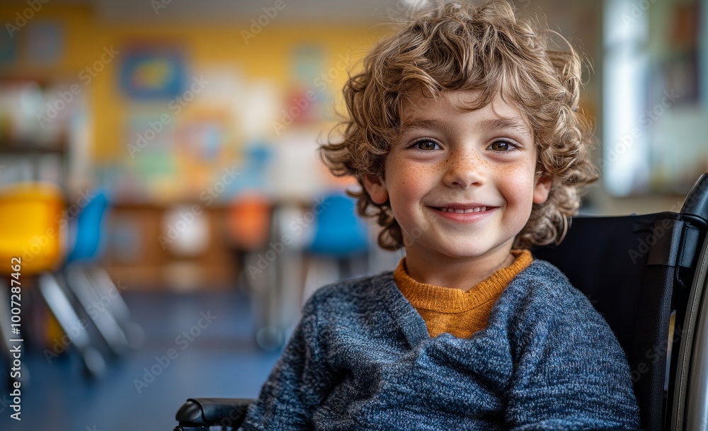 A young boy with curly hair is sitting in a wheelchair and smiling. The room is filled with chairs and a desk A young boy with curly hair is sitting in a wheelchair and smiling. The room is filled with chairs and a desk