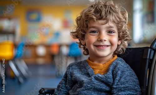 A young boy with curly hair is sitting in a wheelchair and smiling. The room is filled with chairs and a desk