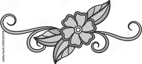 Lace flower element. Black textile ornate embroidery