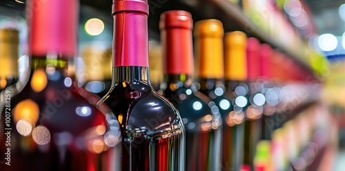 A row of wine bottles with red caps. The bottles are lined up on a shelf. The wine bottles are all the same color and have the same design