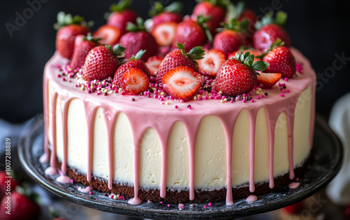 A cake with pink frosting and strawberries on top. The cake is on a black plate. The strawberries are arranged in a way that they look like they are dripping from the cake photo