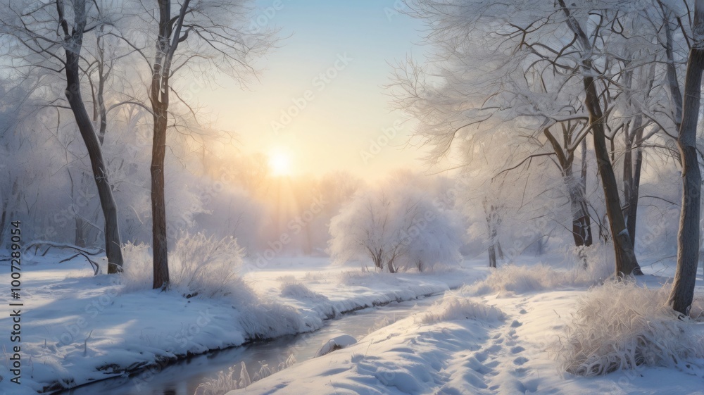 Winter Solstice, soft hues of blue and white, snow-covered landscape, gentle sunlight filtering through trees Winter Solstice, soft hues of blue and white, snow-covered landscape, gentle sunlight filtering through trees