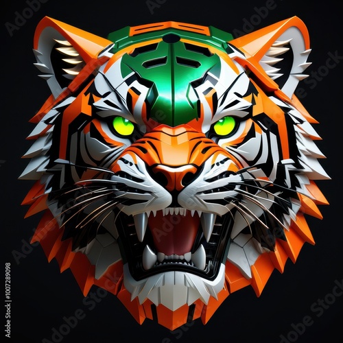 A stylized tiger head sculpture featuring vibrant colors and geometric shapes. photo