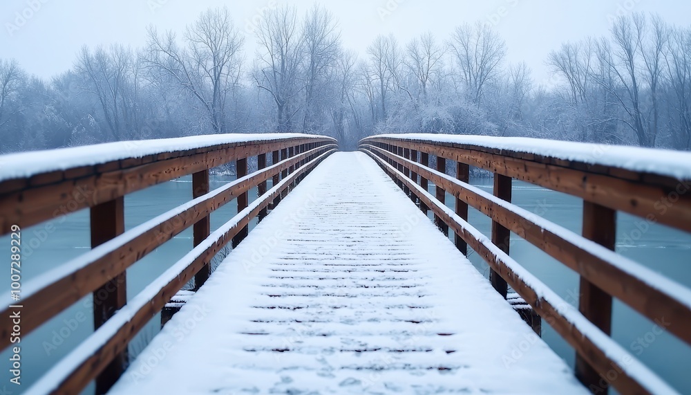 Obraz premium Snow-covered bridge over a frozen river, trees frosted in the background, long view with deep depth of field, winter stillness