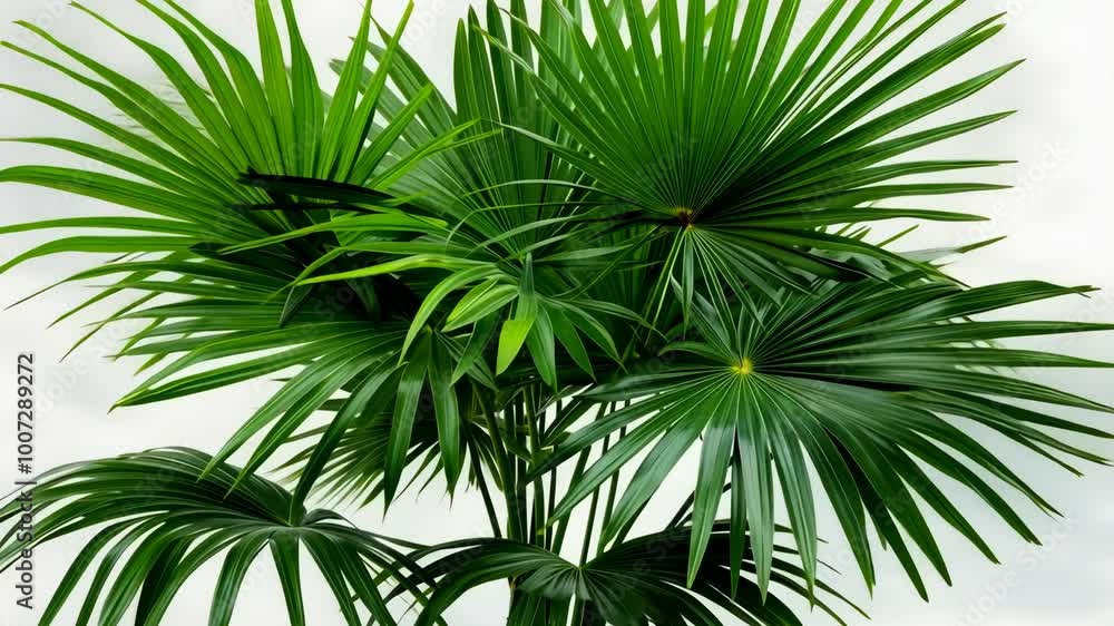 A large, green palm tree with long, thin leaves stands against a white background