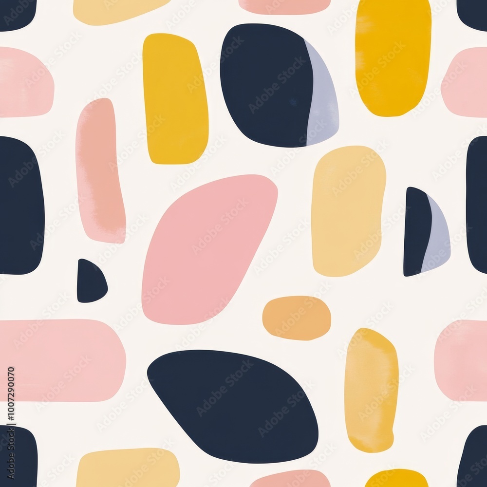 A seamless pattern featuring pastel pink, yellow, and navy blue shapes, harmonizing in soft hues. A seamless pattern featuring pastel pink, yellow, and navy blue shapes, harmonizing in soft hues.