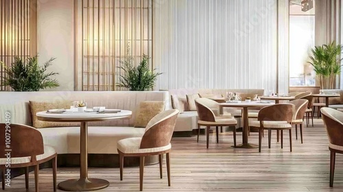 Interior of stylish restaurant with white walls, wooden floor, comfortable round tables with brown chairs, and cozy beige sofas. 3D rendering. 