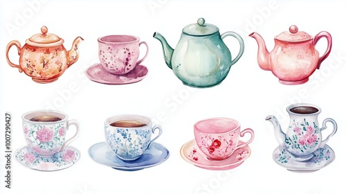Various teapots and teacups arranged artistically showcasing floral designs and pastel colors, perfect for afternoon tea in a cozy setting
