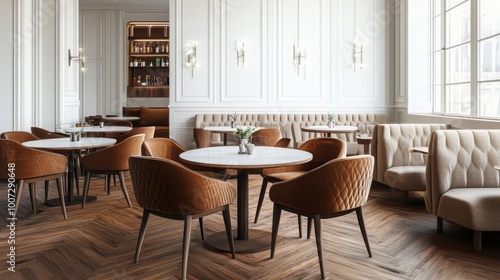 Wallpaper Mural Interior of stylish restaurant with white walls, wooden floor, comfortable round tables with brown chairs, and cozy beige sofas. 3D rendering.  Torontodigital.ca