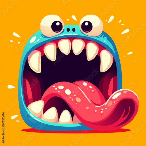 Monster face with mouth closeup, teeth and tongue. Monster mouth with tongue. Monster square avatar. Face of a scary and horror screaming monster for Halloween on orange background. Funny monster face