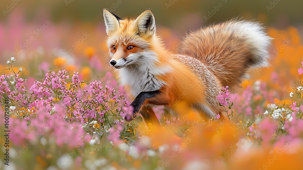 Red Fox in a field of colorful wildflowers, wildlife photography Red Fox in a field of colorful wildflowers, wildlife photography