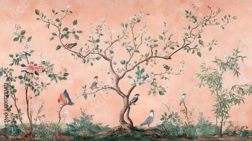 Origin Murals Chinoiserie Floral Tree Wall Mural in Peach Background. Animals and Birds. --a