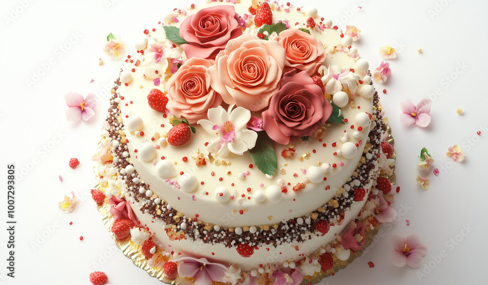 White cream cake with chocolate crumbs and pink petals, and roses, it is surrounded by colorful sugar beads and cream convolvulus gold foils around the strawberries, and mint leaves, White background White cream cake with chocolate crumbs and pink petals, and roses, it is surrounded by colorful sugar beads and cream convolvulus gold foils around the strawberries, and mint leaves, White background