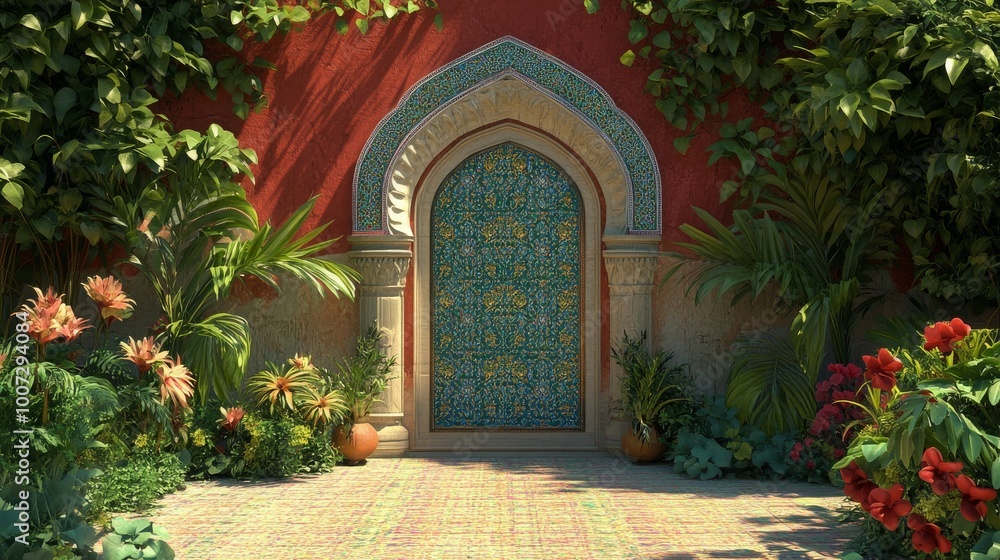 Traditional Mughal decorative wall with plants and peacock, Flowers, Mughal Arch. Traditional Mughal decorative wall with plants and peacock, Flowers, Mughal Arch.