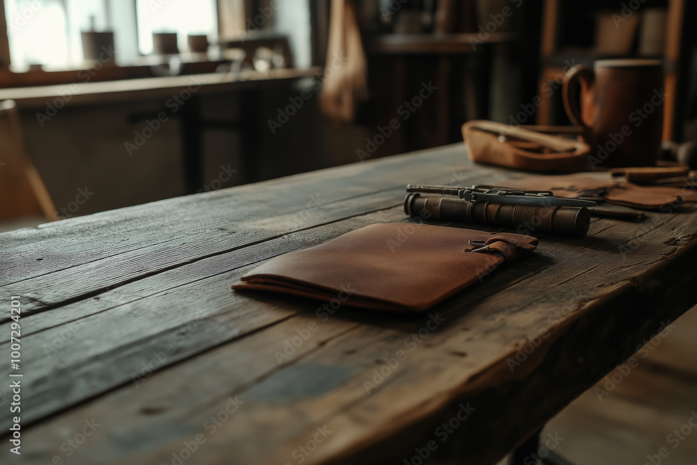 Leather craft on wooden table. generative AI