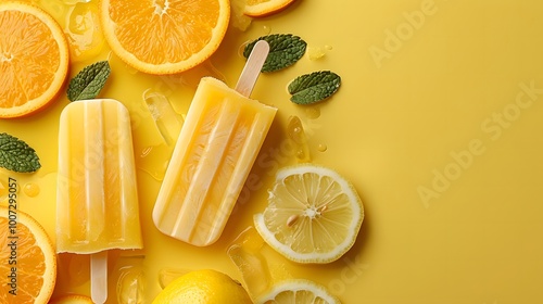 Citrus popsicles with orange & lemon slices on a vibrant yellow background. Flat lay composition with copy space. Ideal for summer food blogs, frozen treat promotions, citrus-themed dessert marketing