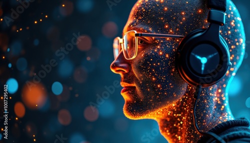 Un réseau lumineux se tisse autour de la personne assise, son corps absorbé par l'écran, devenant une extension de la machine.
