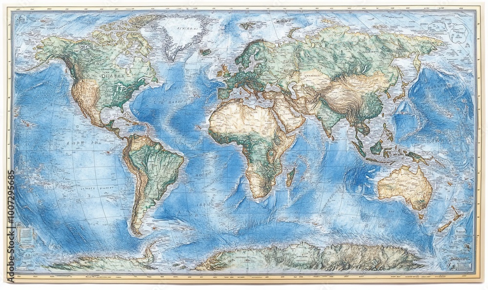 High Resolution Geographic A high-resolution topographic world map detailing continents ...