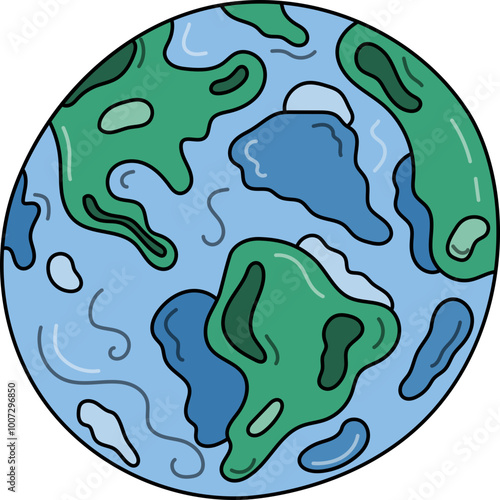 Funny hand drawn cartoon Earth globe. Our planet of Solar System with world map in the circle. Childish isolated outline doodle of astronomy celestial body for kids education, galaxy design.