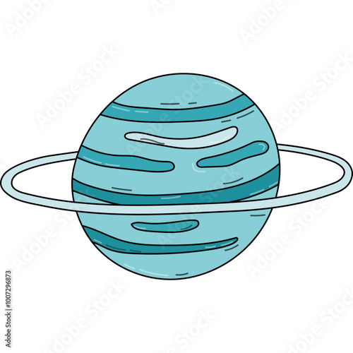 Funny hand drawn cartoon Uranus. Outline ice planet of Solar System and Galaxy. Childish simple doodle isolated. Astronomy celestial body for kids education, infographic, astrology design.