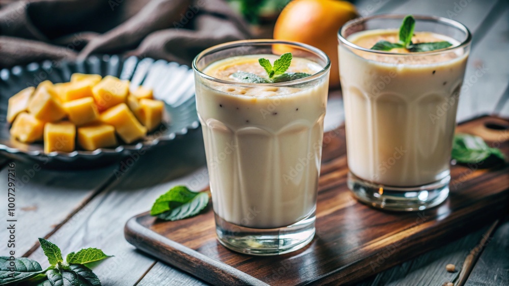 Creamy mango lassi with yogurt and sweet tropical flavor, refreshing Indian drink. Creamy mango lassi with yogurt and sweet tropical flavor, refreshing Indian drink.