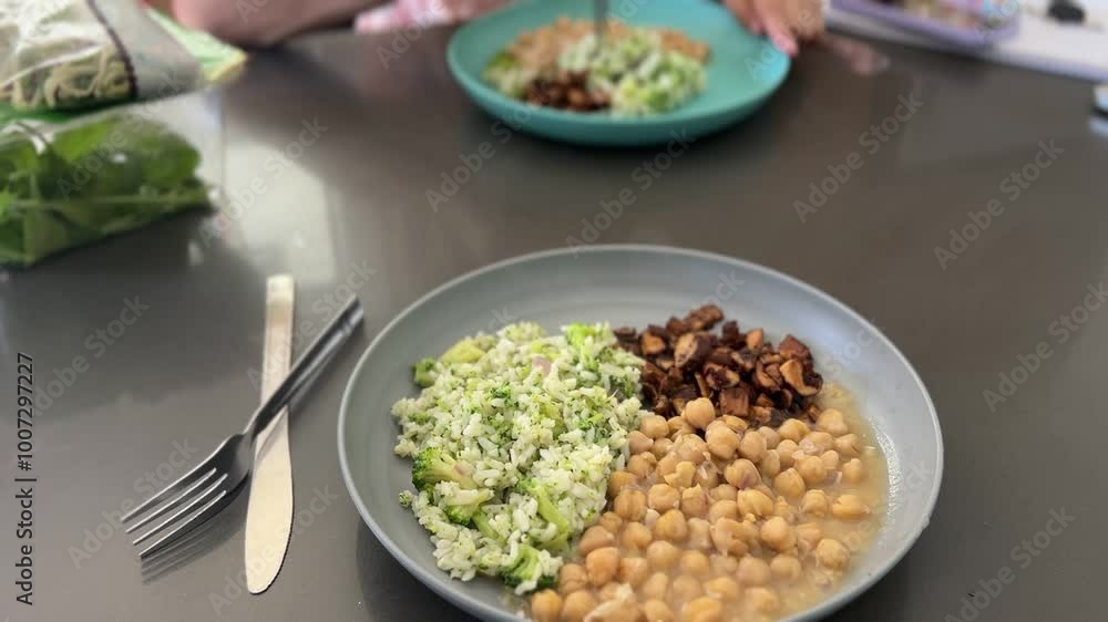 chickpeas, broccoli, rice, mushrooms, plate of food, lunch, dinner chickpeas, broccoli, rice, mushrooms, plate of food, lunch, dinner