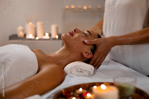 Φωτογραφία Cosmetologist masseur making relaxing head massage for young lady at modern luxu