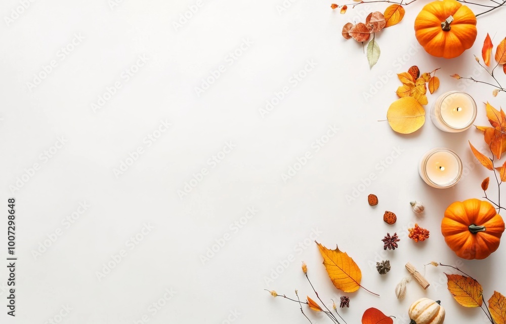 Fototapeta premium Autumn-Themed Flat Lay with Small Pumpkins, Leaves, and Candles on a White Background: A Minimalistic and Professional Design for Seasonal Decor.