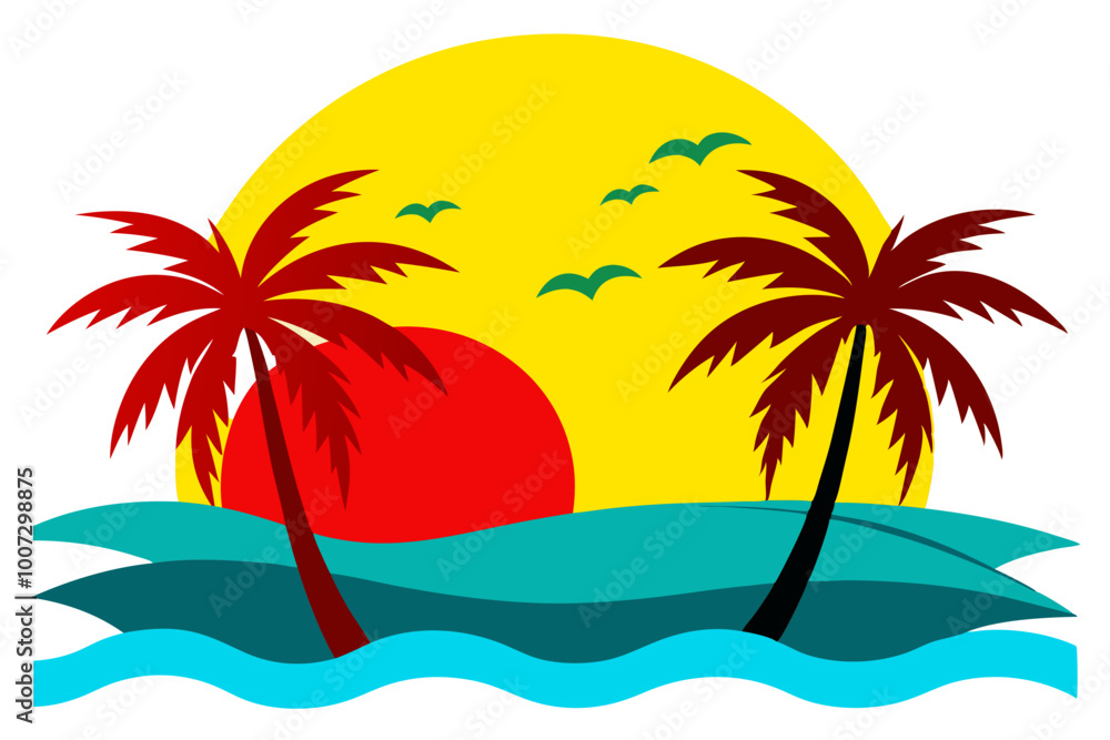 Vector Artwork of a Serene Tropical Beach with Elegant Palm Trees Under a Bright Blue Sky
Vector Artwork of a Serene Tropical Beach with Elegant Palm Trees Under a Bright Blue Sky
