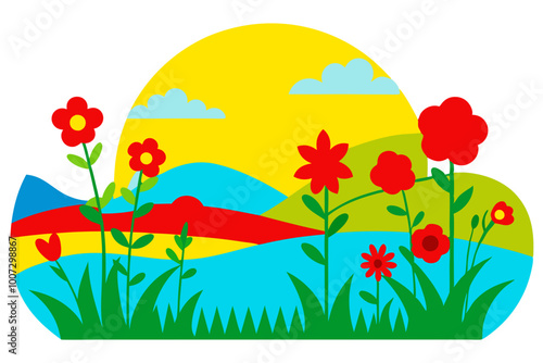 Explore a Vector Illustration of a Colorful Wildflower Field Next to a Tranquil Lake Scene
