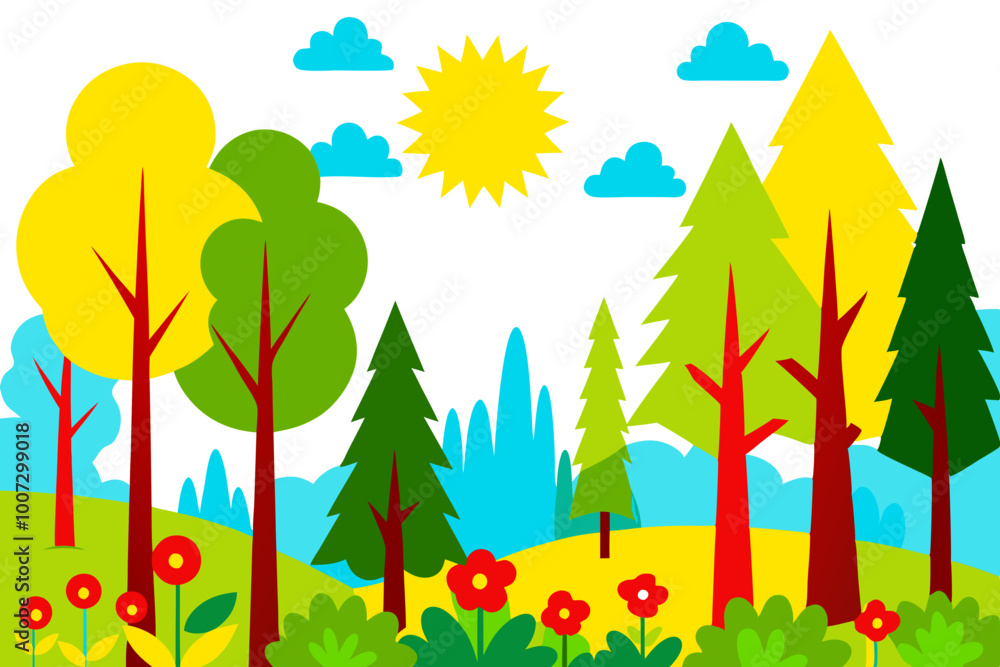 Vector Illustration of a Luminous Clearing in a Dense Forest with Vibrant Colors and Sunlight Streaming Through the Trees
Vector Illustration of a Luminous Clearing in a Dense Forest with Vibrant Colors and Sunlight Streaming Through the Trees