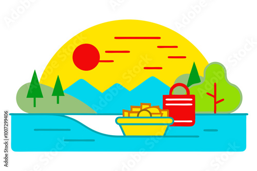 Serene Vector Artwork Featuring a Beautiful Lakeside Picnic Setup Surrounded by Nature
