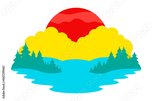 A Mysterious Lake Shrouded in Fog with a Vector Illustration of Golden Hour Reflections
