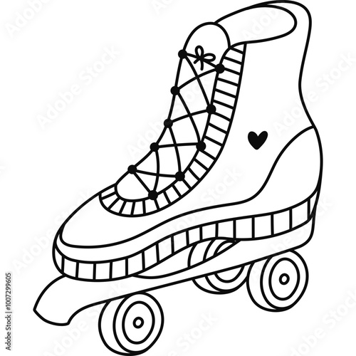 Cute doodle pink roller skates from fashion of 90s and 00s. Retro sport rollerblades as badge of Y2k. Nostalgia for vintage and 1990s aesthetic, vibes. Hand drawn outline clipart isolated on white.