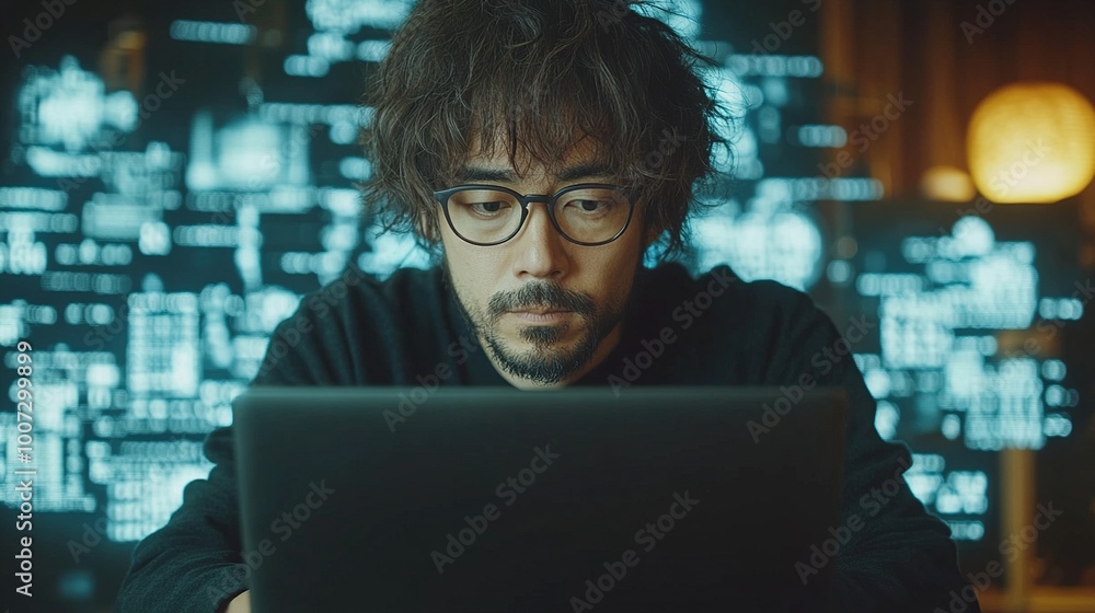 Focused individual working on a laptop with digital backdrop. Focused individual working on a laptop with digital backdrop.