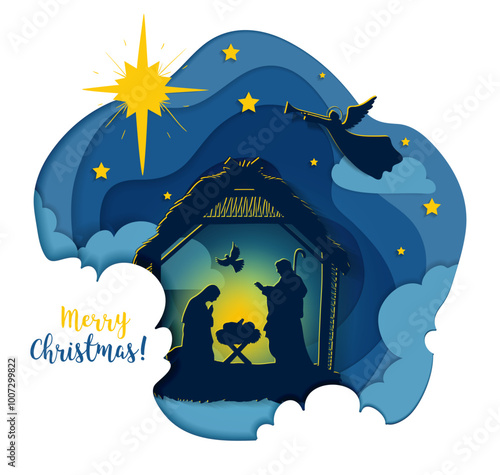 Greeting card of Traditional Christian Christmas Nativity Scene of baby Jesus in the manger with Mary and Joseph in silhouette. Holy Night	paper cut
