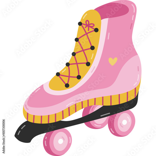 Cute cartoon pink roller skates from fashion of 90s and 00s. Retro sport rollerblades as badge of Y2k. Nostalgia for vintage and 1990s aesthetic, vibes. Hand drawn clipart isolated on white.