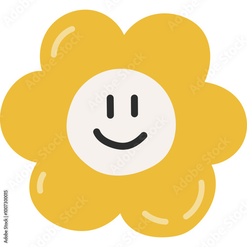 Groovy cartoon yellow flower face in hippie and Y2k aesthetic. Retro smiling face flower as symbol of 70s and 90s. Floral emoji isolated on white background. Hand drawn nostalgic clipart for design.