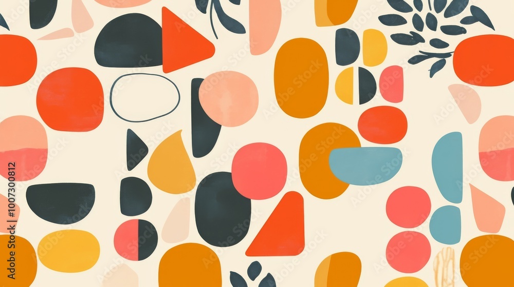An abstract retro pattern featuring circles, dots, and geometric shapes in pastel colors, designed in a mid-century minimalist style with ample copy space An abstract retro pattern featuring circles, dots, and geometric shapes in pastel colors, designed in a mid-century minimalist style with ample copy space