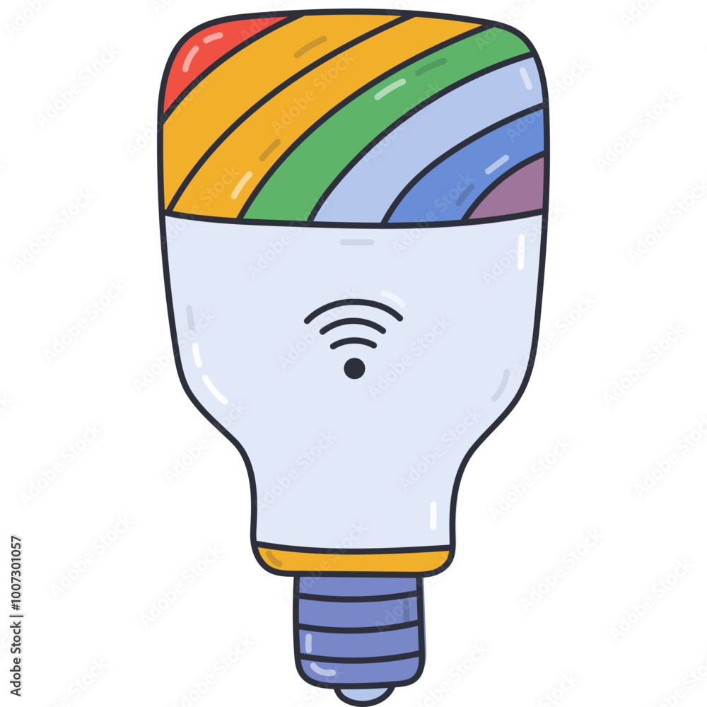 Cute doodle smart lamp with rainbow light and wi-fi for wireless control home technique via phone. Hand drawn intelligence electronic light bulb. Internet of things device for automation housework Cute doodle smart lamp with rainbow light and wi-fi for wireless control home technique via phone. Hand drawn intelligence electronic light bulb. Internet of things device for automation housework