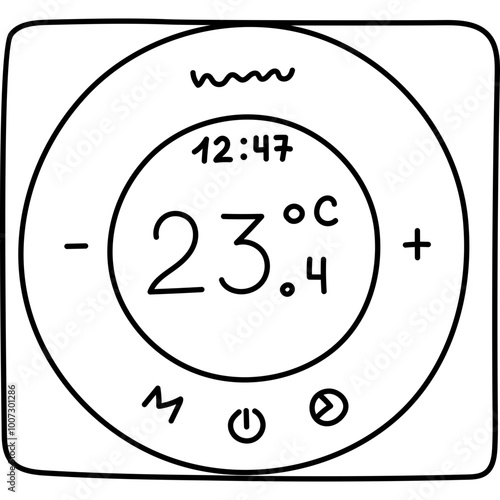 Cute outline smart thermostat for temperature regulation via smartphone. Hand drawn intelligence electronic heating system with indicators. Internet of things radiator isolated on white background.
