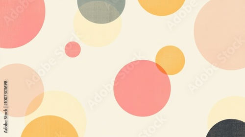 An abstract retro pattern featuring circles, dots, and geometric shapes in pastel colors, designed in a mid-century minimalist style with ample copy space