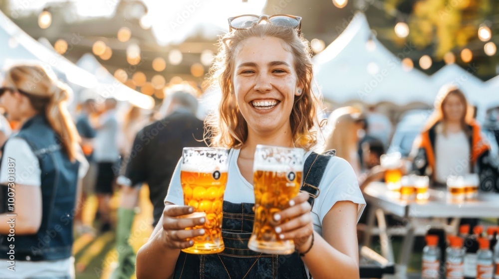 Happy Caucasian woman holding beers at a festival, crowd and tents in the background. Happy Caucasian woman holding beers at a festival, crowd and tents in the background.