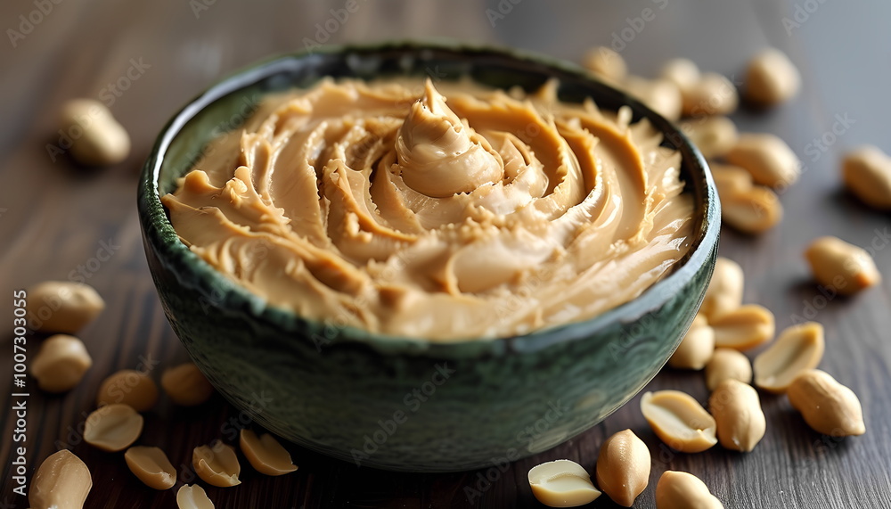 A bowl of peanut butter, sitting on a wooden table with a pile of peanuts A bowl of peanut butter, sitting on a wooden table with a pile of peanuts