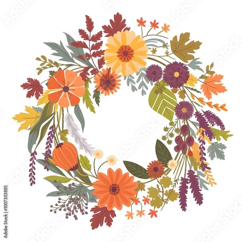  Illustration of a Fall Floral Wreath Made of Autumn Flowers, Leaves, and Wildflowers. The Wreath is Placed on a White Background.