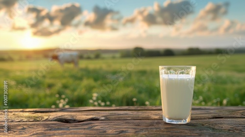 glass of milk on wooden table cow farm with grass