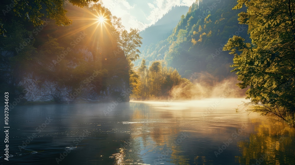 Landscape of foggy misty morning dawn sunrise over the mountain, green forest trees and river water Landscape of foggy misty morning dawn sunrise over the mountain, green forest trees and river water
