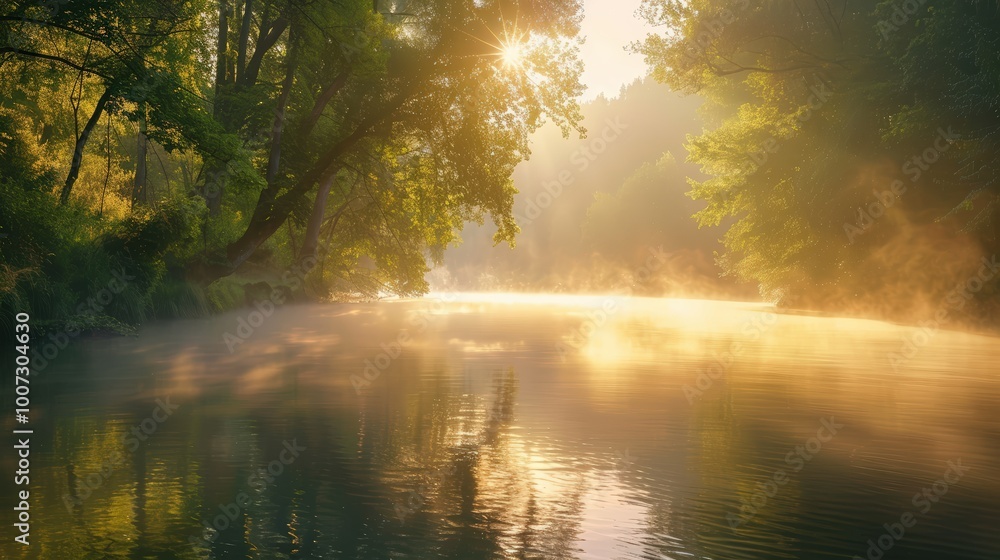 Landscape of foggy misty morning dawn sunrise over the mountain, green forest trees and river water Landscape of foggy misty morning dawn sunrise over the mountain, green forest trees and river water