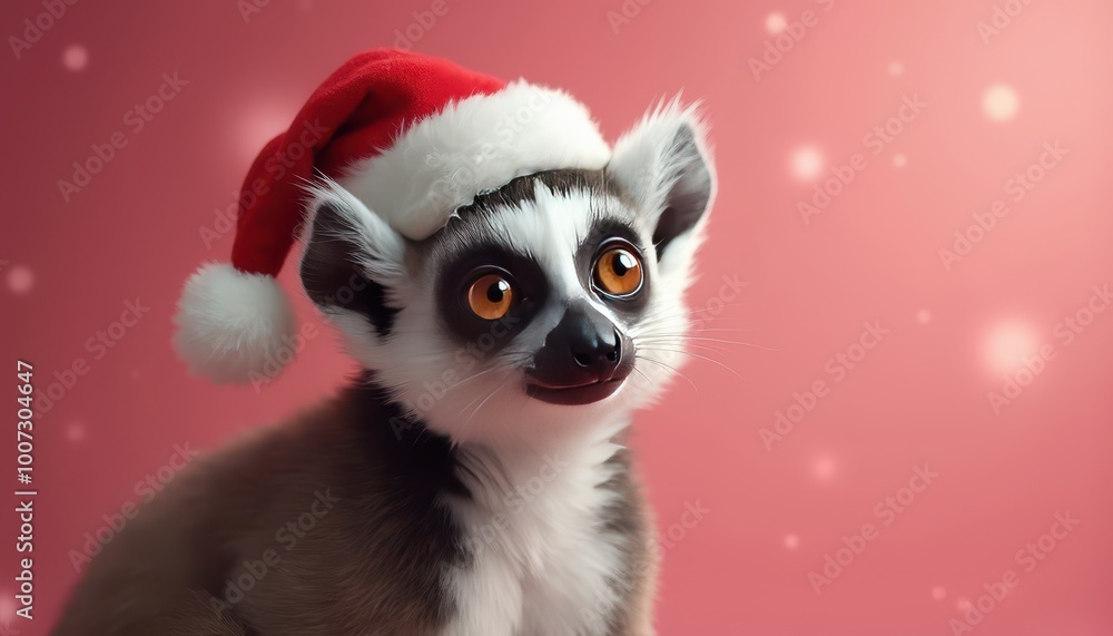 Photo realistic happy lemur with Christmas cap on a left side of a rose color background looking in camera, only top of body, detailed Photo realistic happy lemur with Christmas cap on a left side of a rose color background looking in camera, only top of body, detailed
