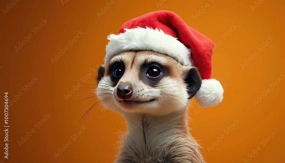 Photo realistic happy meerkat with Christmas cap on a right side of a ochre color background looking in camera, only top of body, detailed Photo realistic happy meerkat with Christmas cap on a right side of a ochre color background looking in camera, only top of body, detailed
